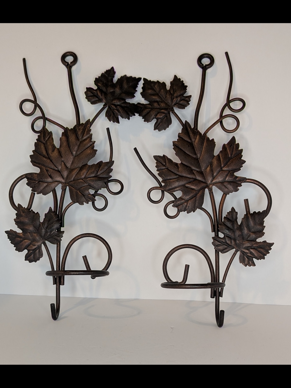 2 Bronze Colored Grape Leaf Designed Candle Holders and Hook Made For The Wall